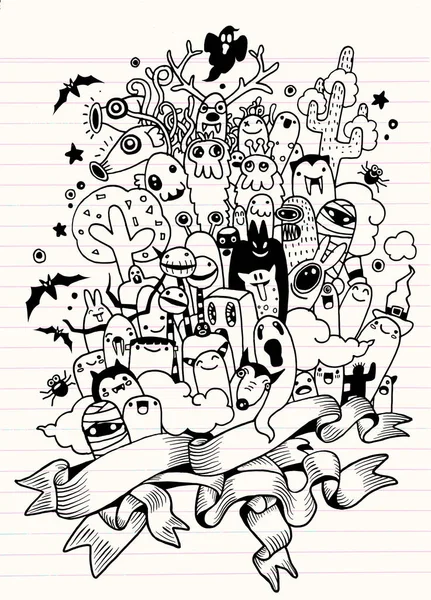 Conjunto de mano dibujado monstruo feo loco. Halloween poster.monster doo — Vector de stock