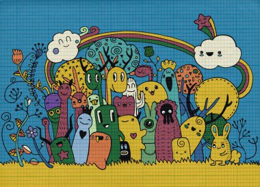 Hipster elle çizilmiş deli canavar şehir, çizim stili doodle. Vecto