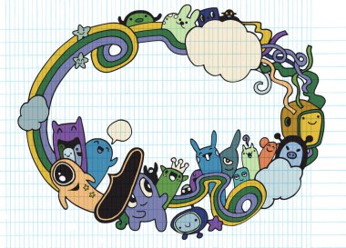 Çılgın canavar sosyal kopya alanı, doodle çizim stili. Vektör