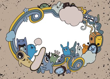 Çılgın canavar sosyal kopya alanı, doodle çizim stili. Vektör