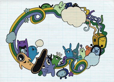 Çılgın canavar sosyal kopya alanı, doodle çizim stili. Vektör