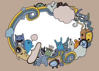 Çılgın canavar sosyal kopya alanı, doodle çizim stili. Vektör