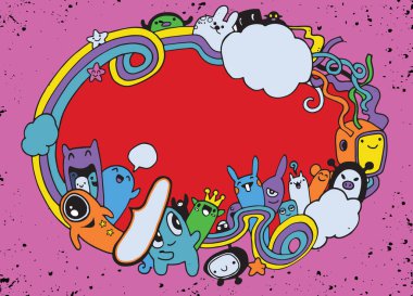 Çılgın canavar sosyal kopya alanı, doodle çizim stili. Vektör