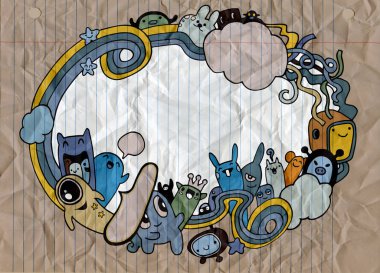 Çılgın canavar sosyal kopya alanı, doodle çizim stili. Vektör