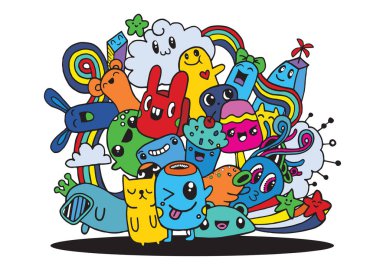 Hipster elle çizilmiş deli canavar şehir, çizim stili doodle. Vecto