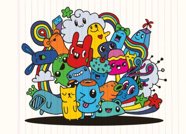 Hipster elle çizilmiş deli canavar şehir, çizim stili doodle. Vecto