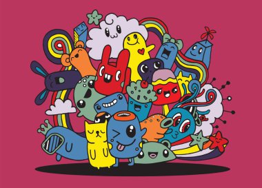 Hipster elle çizilmiş deli canavar şehir, çizim stili doodle. Vecto