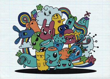 Hipster elle çizilmiş deli canavar şehir, çizim stili doodle. Vecto