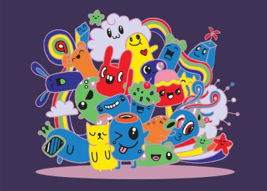 Hipster elle çizilmiş deli canavar şehir, çizim stili doodle. Vecto