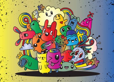 Hipster elle çizilmiş deli canavar şehir, çizim stili doodle. Vecto