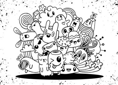 Hipster elle çizilmiş deli canavar şehir, çizim stili doodle. Vecto