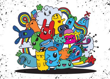 Hipster elle çizilmiş deli canavar şehir, çizim stili doodle. Vecto