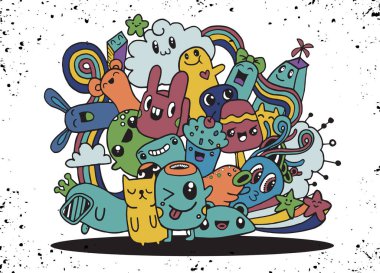 Hipster elle çizilmiş deli canavar şehir, çizim stili doodle. Vecto