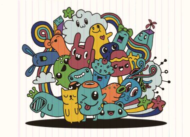 Hipster elle çizilmiş deli canavar şehir, çizim stili doodle. Vecto