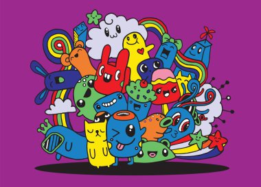 Hipster elle çizilmiş deli canavar şehir, çizim stili doodle. Vecto