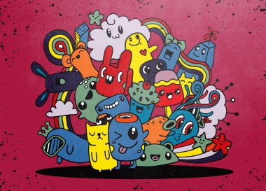 Hipster elle çizilmiş deli canavar şehir, çizim stili doodle. Vecto