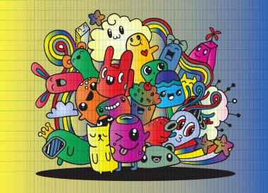 Hipster elle çizilmiş deli canavar şehir, çizim stili doodle. Vecto