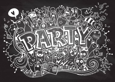 Elle çizilmiş doodle parti ayarla. Kroki simgeler için davet, el ilanı