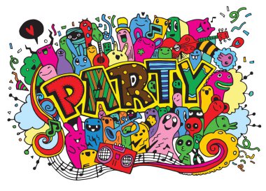 Elle çizilmiş doodle parti ayarla. Kroki simgeler için davet, el ilanı