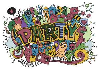 Elle çizilmiş doodle parti ayarla. Kroki simgeler için davet, el ilanı