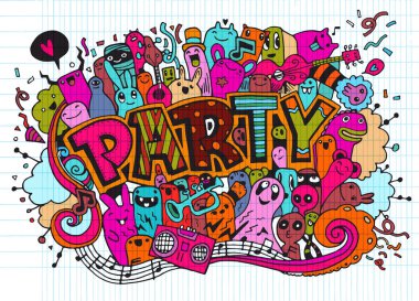 Elle çizilmiş doodle parti ayarla. Kroki simgeler için davet, el ilanı