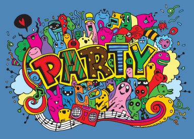 Elle çizilmiş doodle parti ayarla. Kroki simgeler için davet, el ilanı