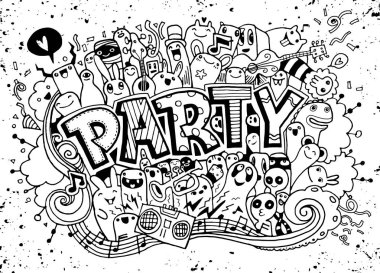 Elle çizilmiş doodle parti ayarla. Kroki simgeler için davet, el ilanı