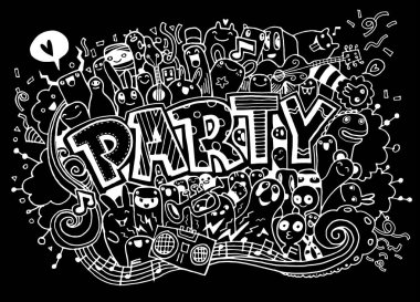 Elle çizilmiş doodle parti ayarla. Kroki simgeler için davet, el ilanı