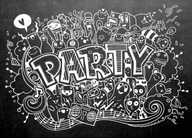 Elle çizilmiş doodle parti ayarla. Kroki simgeler için davet, el ilanı