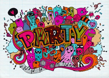 Elle çizilmiş doodle parti ayarla. Kroki simgeler için davet, el ilanı