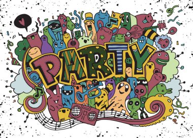 Elle çizilmiş doodle parti ayarla. Kroki simgeler için davet, el ilanı