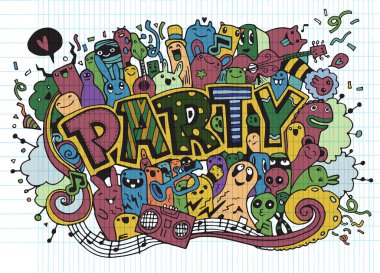 Elle çizilmiş doodle parti ayarla. Kroki simgeler için davet, el ilanı