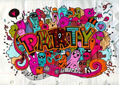 Elle çizilmiş doodle parti ayarla. Kroki simgeler için davet, el ilanı