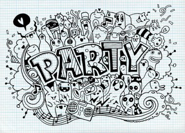 Elle çizilmiş doodle parti ayarla. Kroki simgeler için davet, el ilanı