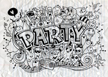 Elle çizilmiş doodle parti ayarla. Kroki simgeler için davet, el ilanı