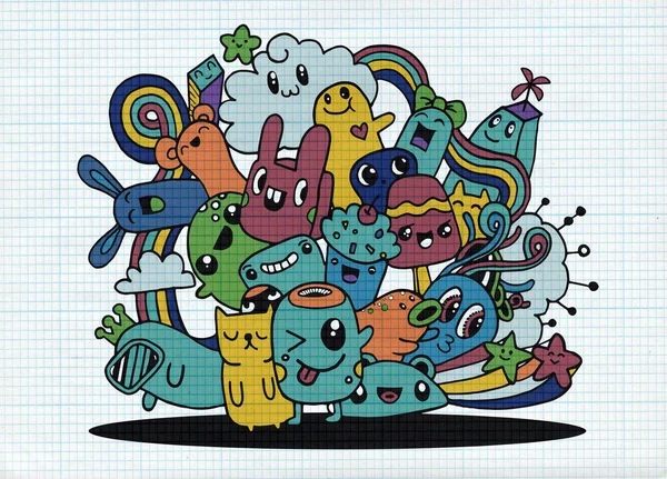 Hipster elle çizilmiş deli canavar şehir, çizim stili doodle. Vecto