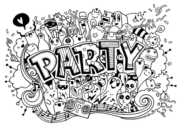 Handgezeichnetes Doodle-Party-Set. Skizzensymbole für Einladung, Flyer — Stockvektor