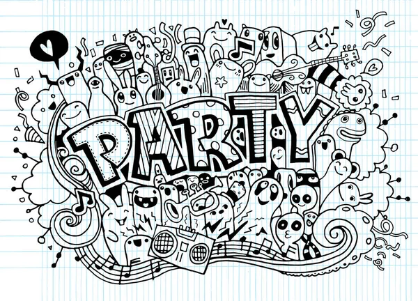 Elle çizilmiş doodle parti ayarla. Kroki simgeler için davet, el ilanı — Stok Vektör