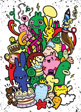 El çizimi Doodle vektör çizim, komik parti insanlar, F