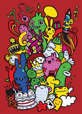 El çizimi Doodle vektör çizim, komik parti insanlar, F