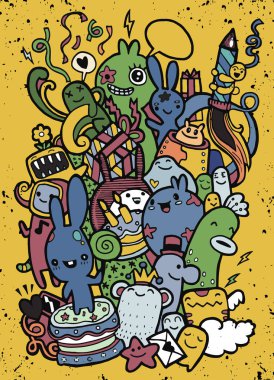 El çizimi Doodle vektör çizim, komik parti insanlar, F