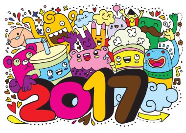 Çizgi film vektör şirin karalamalar çizilmiş 2017 yıl illüstrasyon, Ha el