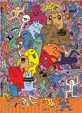 El çizimi Doodle vektör çizim, komik parti insanlar, F