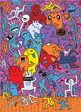 El çizimi Doodle vektör çizim, komik parti insanlar, F