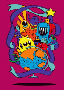 Hipster elle çizilmiş deli canavar şehir, çizim stili doodle. Vecto