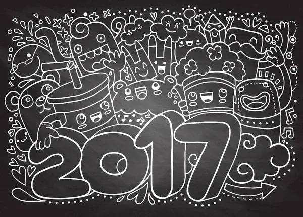 Cartoon vector cute doodles hand drawn 2017 year illustration,Ha — Stock Vector