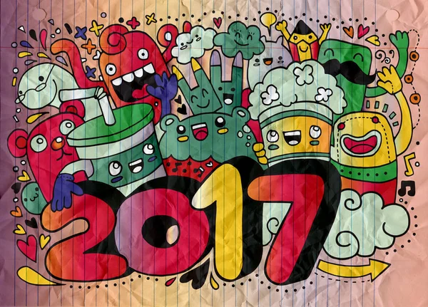 Cartoon vector cute doodles hand drawn 2017 year illustration,Ha — Stock Vector