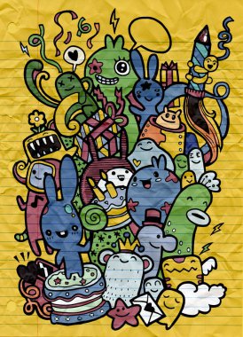 El çizimi Doodle vektör çizim, komik parti insanlar, F