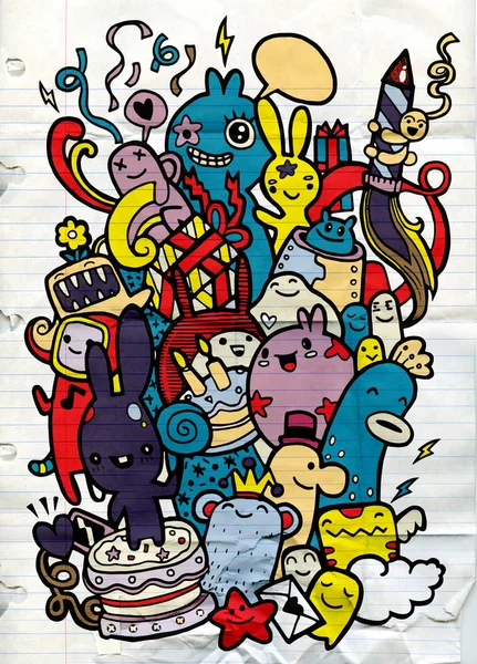 Disegno a mano Doodle Vector Illustrazione di gente divertente festa, F — Vettoriale Stock