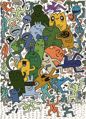 El çizimi Doodle vektör çizim, komik parti insanlar, F